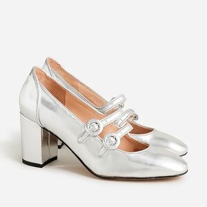 $268 NEW IN BOX JCREW Maisie Metallic Silver Leather Mary Jane Heels size 9.5